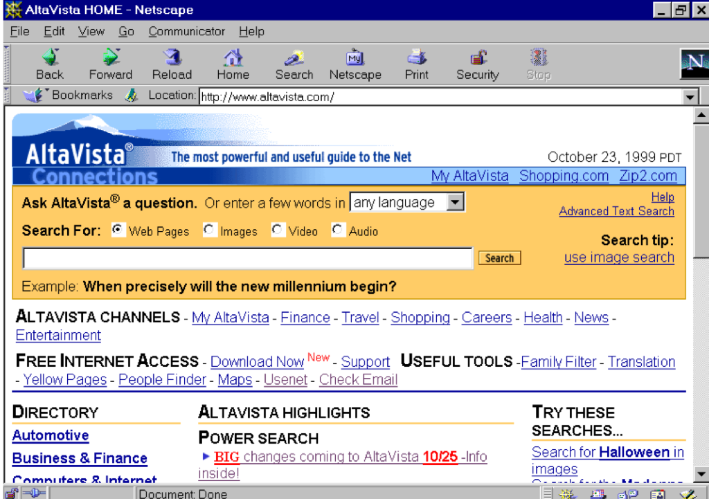 AltaVista homepage in Netscape
